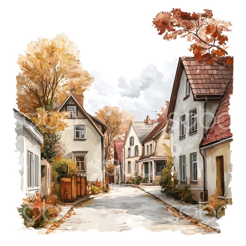 20 Autumn Street Clipart, Fall Autumn Clipart, Printable Watercolor Clipart, Wall Art, High Quality JPGs, Digital Download, Paper Craft S144 image 9
