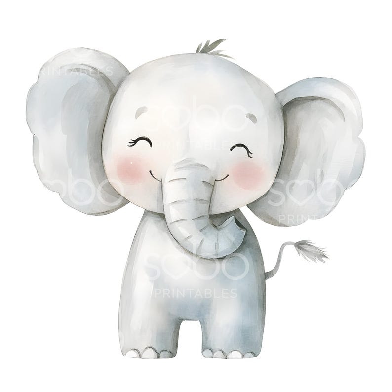 May include: A watercolor illustration of a cute, gray elephant with a big smile and closed eyes. The elephant has a small, gray tail and a large, gray trunk.