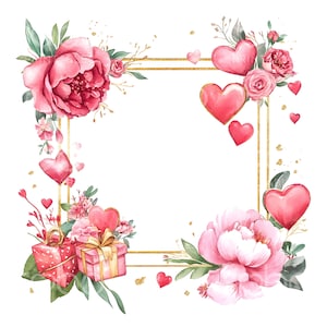 24 cornici di San Valentino in lamina d'oro Clipart, bordo di regali a forma di cuore, cornice floreale, biglietto romantico ad acquerello, download digitale, artigianato di carta S459
