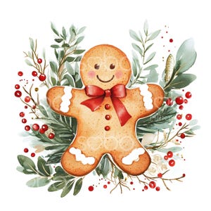 May include: A gingerbread man cookie with a red bow and white icing, surrounded by green leaves and red berries.