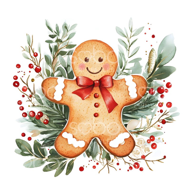 May include: A gingerbread man cookie with a red bow and white icing, surrounded by green leaves and red berries.
