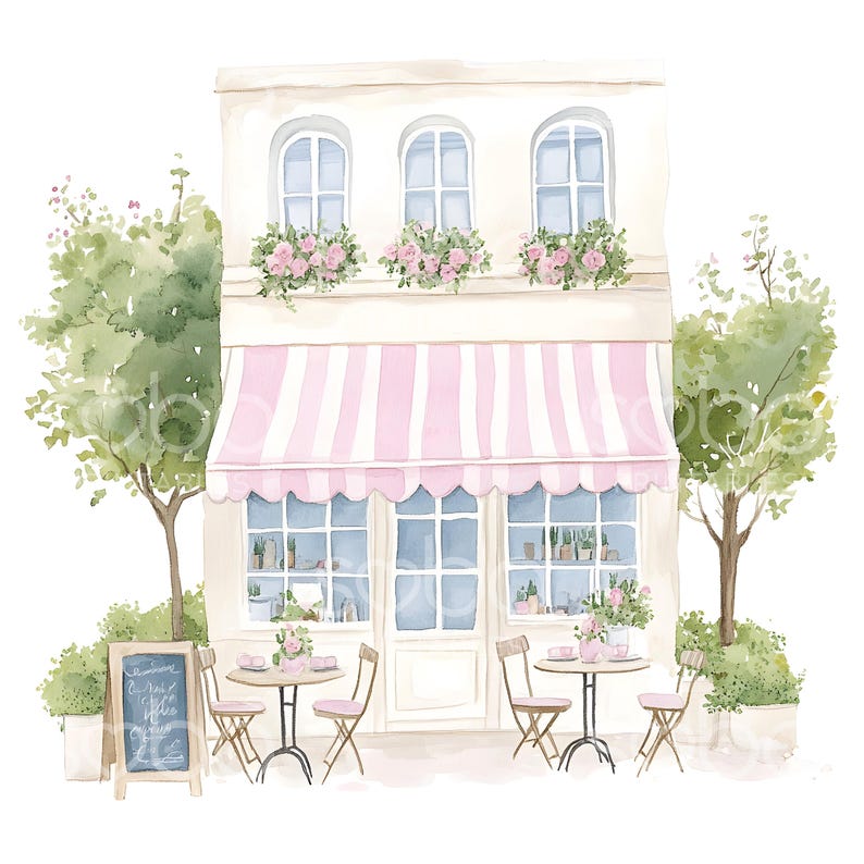 May include: A watercolor illustration of a pink and white striped awning over a storefront with a sign that reads "Bienvenue a Notre Jolie Ville". There are two tables with chairs outside the shop, and green trees on either side.