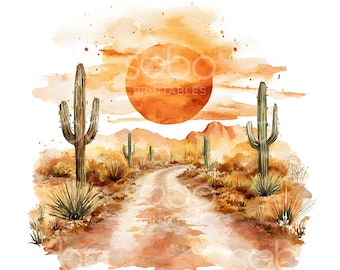 21 Desert Road Clipart, Desert Landscape, Boho Sand Dunes, Printable Watercolor Art, High Quality JPGs, Paper Craft, Junk Journal S817