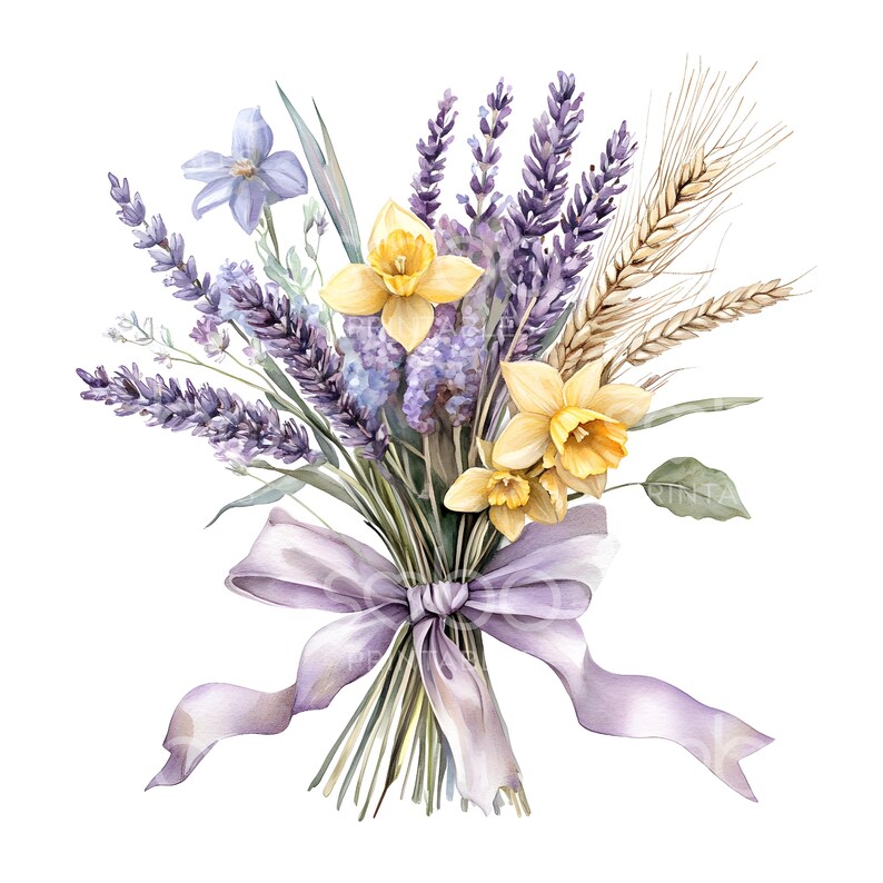 May include: A bouquet of lavender, daffodils, and wheat tied with a purple ribbon. The flowers are arranged in a loose, natural style.