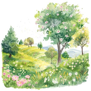 K&ouml;nnte beinhalten: Ein Aquarellbild einer gr&uuml;nen Wiese mit einem gewundenen Weg. Die Wiese ist mit Wildblumen &uuml;bers&auml;t, darunter rosa und wei&szlig;e G&auml;nsebl&uuml;mchen. Im Hintergrund befinden sich mehrere B&auml;ume, darunter ein gro&szlig;er Baum mit rosa Bl&uuml;ten.