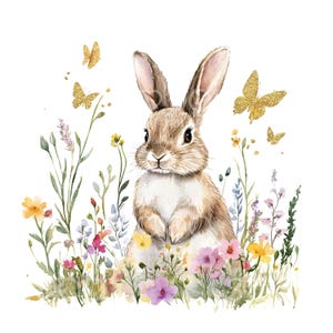 22 imágenes prediseñadas de conejo de Pascua con flores, imágenes prediseñadas de mariposas, tarjeta de Pascua con lámina dorada, JPG de alta calidad, descarga digital, diario basura de manualidades de papel S533