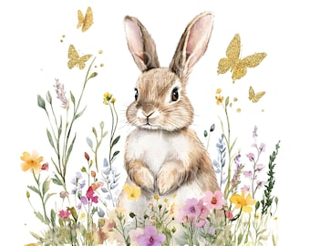 22 Clipart floral lapin de Pâques, clipart papillon, carte de Pâques en feuille d'or, JPG de haute qualité, téléchargement numérique, paper Craft Junk Journal S533