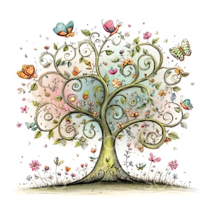 Puede incluir: Ilustración caprichosa de un árbol con ramas arremolinadas, adornado con mariposas, flores y hojas coloridas. La obra de arte presenta una paleta de colores pastel con tonos rosas, azules y verdes, creando un diseño alegre e inspirado en la naturaleza.