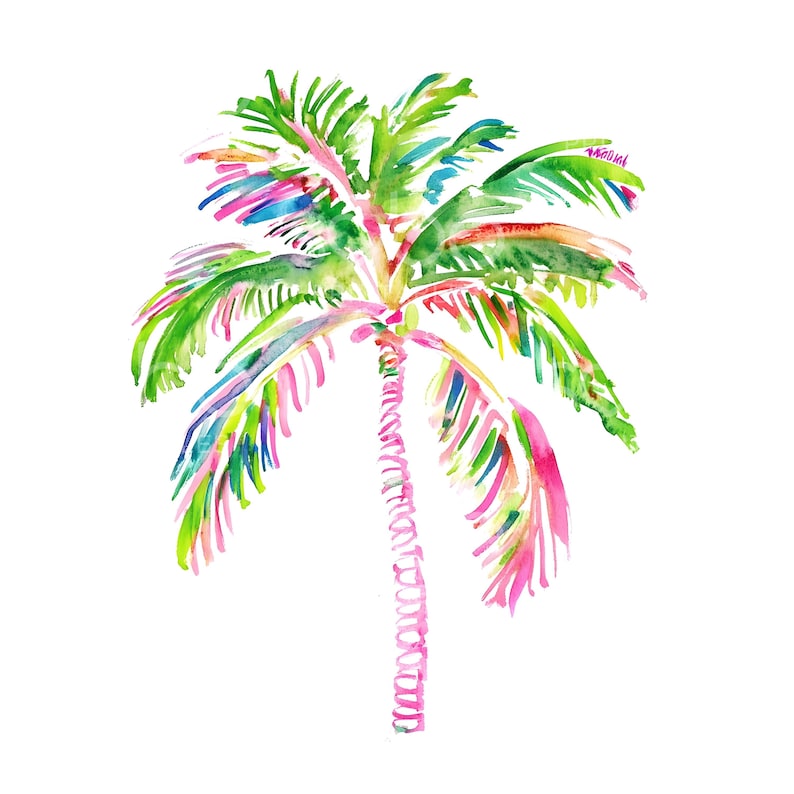 May include: A watercolour painting of a palm tree with green, pink and blue leaves. The tree is painted in a stylised way, with the leaves appearing to be made of thin lines.