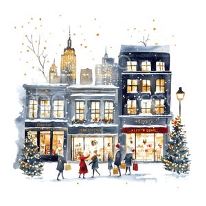 Può includere: Illustrazione ad acquerello di una scena di strada cittadina innevata con negozi e persone. Gli edifici sono grigi e neri con finestre illuminate. Le persone camminano sul marciapiede portando borse della spesa. Alberi di Natale e accenti dorati aggiungono tocchi festosi.
