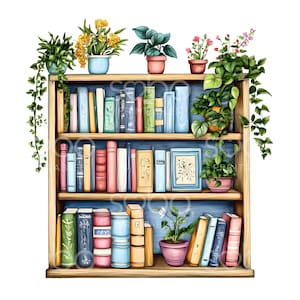 May include: A wooden bookshelf with three shelves filled with books and potted plants. The bookshelf is painted a light blue colour and has a wooden frame. The books are a variety of colours and sizes, and the plants are green and leafy.