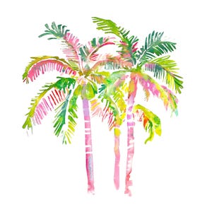 May include: Watercolour painting of three palm trees in shades of pink, green and yellow. The trees are stylised and have a whimsical feel.