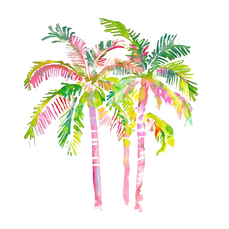 May include: Watercolour painting of three palm trees in shades of pink, green and yellow. The trees are stylised and have a whimsical feel.