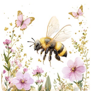 May include: Watercolor illustration of a bee in flight, surrounded by pink flowers, butterflies, and gold glitter accents. The artwork has a whimsical, nature-inspired theme, perfect for home decor or stationery.
