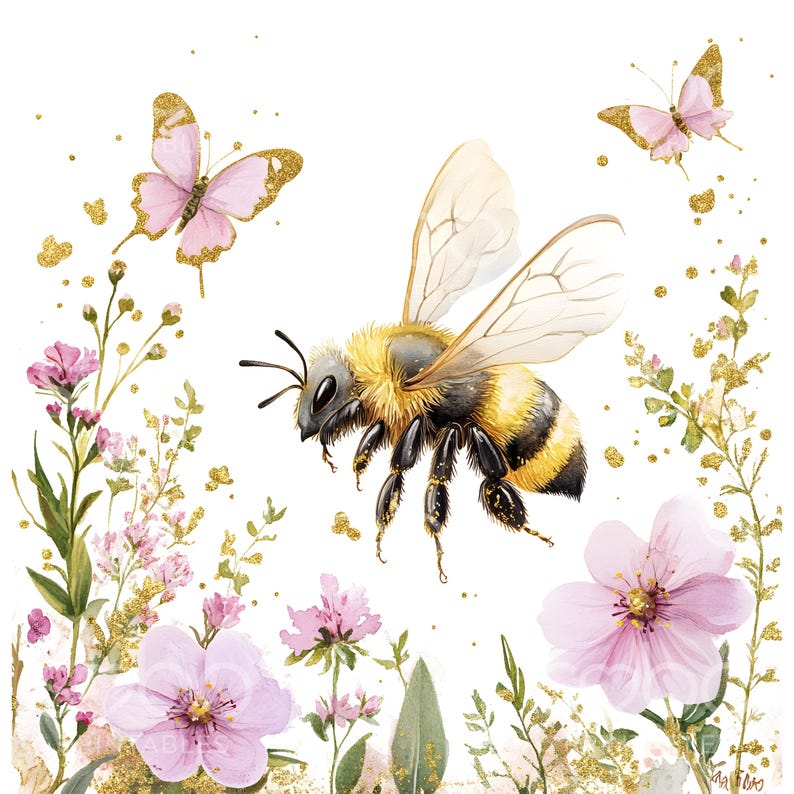 May include: Watercolor illustration of a bee in flight, surrounded by pink flowers, butterflies, and gold glitter accents. The artwork has a whimsical, nature-inspired theme, perfect for home decor or stationery.