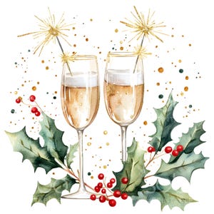 23 Clipe de taça de champanhe de Natal, Clipe de bebidas festivas, Clipe de aquarela para impressão de casamento, JPGs de alta qualidade, Download digital S316