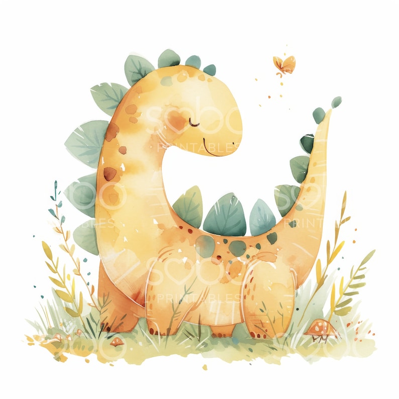 May include: A watercolor illustration of a yellow dinosaur with green leaves on its back. The dinosaur is standing in a field of green grass with yellow flowers. A small butterfly is flying above the dinosaur.