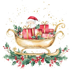 14 Christmas Sleigh Clipart, Sleigh Gift Festive Holiday, Printable Watercolor Clipart, High Quality JPGs, Digital Download Paper Craft S319