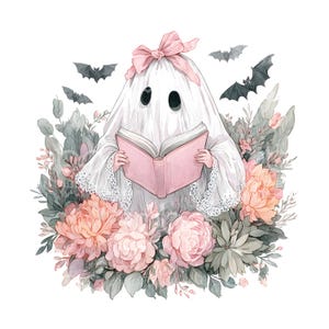 May include: A watercolor illustration of a friendly ghost reading a pink book, surrounded by flowers and bats. The ghost wears a white sheet with a pink bow. The flowers are pink, peach, and green.