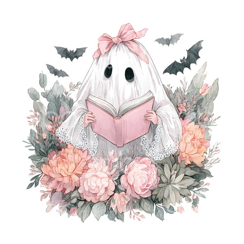 May include: A watercolor illustration of a friendly ghost reading a pink book, surrounded by flowers and bats. The ghost wears a white sheet with a pink bow. The flowers are pink, peach, and green.