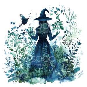 16 imágenes prediseñadas de brujas de jardín, imágenes prediseñadas de Halloween espeluznante, imágenes prediseñadas de acuarela, archivos JPG de alta calidad, descarga digital, manualidades de papel, revistas basura S177