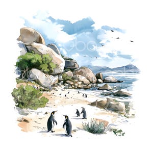 Puede incluir: Ilustración en acuarela de una escena de playa con pingüinos. La obra representa una playa de arena con grandes rocas, arbustos verdes y varios pingüinos. El cielo es azul con nubes esponjosas y pájaros volando. El estilo es suave y artístico.