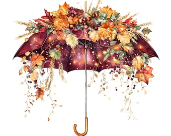 23 Fall Floral Umbrella Clipart, Cozy Burgundy Autumn, Umbrella, Printable Watercolor, High Quality JPGs, Digital Download, Paper Craft U302