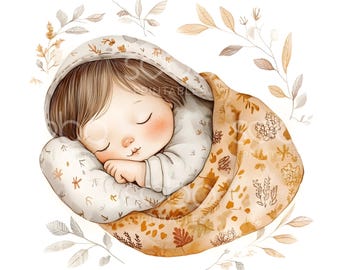 27 Baby Sleeping Clipart, Cute Nursery Print, Printable Watercolor