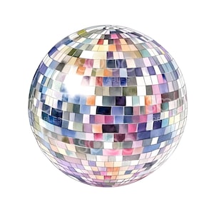 May include: A silver disco ball with a watercolour effect. The ball is made up of many small squares that are painted in various shades of blue, pink, purple, and orange.
