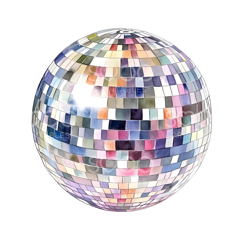 May include: A silver disco ball with a watercolour effect. The ball is made up of many small squares that are painted in various shades of blue, pink, purple, and orange.