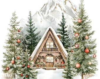 20 Christmas Cabin Clipart, Winter Cabin Clipart, Christmas Card, High Quality JPGs, Digital Planner, Junk Journals, Digital Download S312