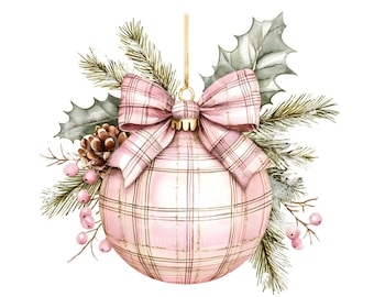35 Pink Plaid Ornament Clipart, Christmas Card, Xmas Baubles, Printable Watercolor, High Quality JPGs, Digital Download, Paper Craft U253