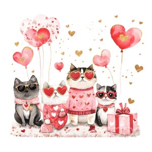 May include: Four cats wearing heart-shaped sunglasses and sweaters with hearts on them. The cats are surrounded by pink and red heart-shaped balloons and confetti.