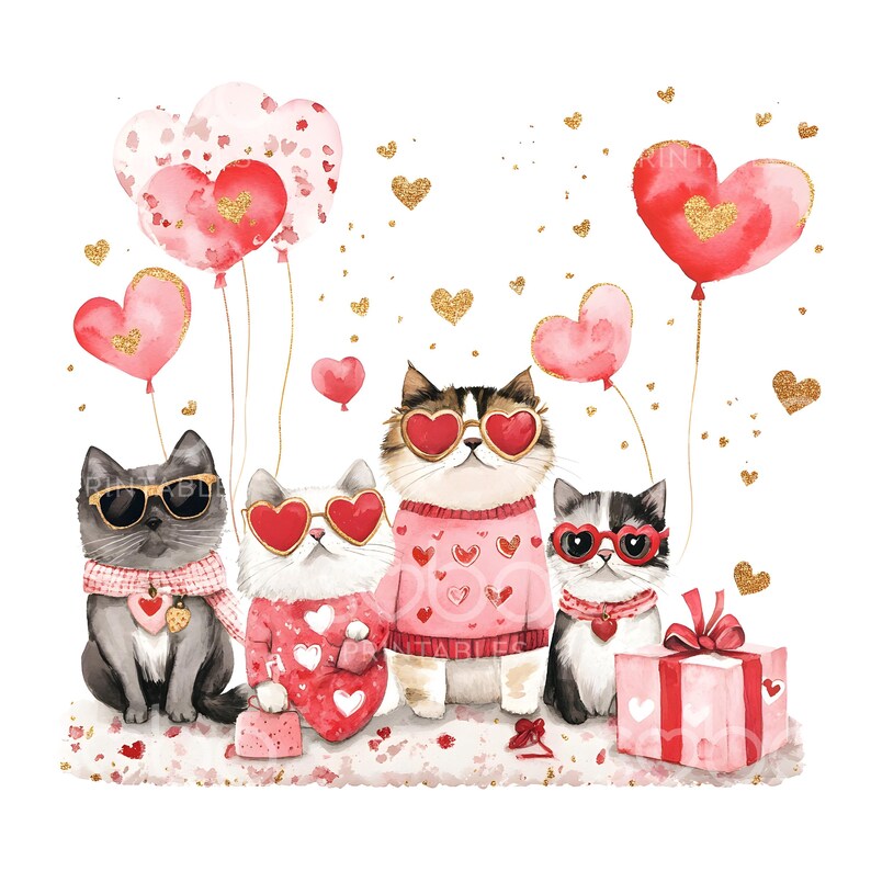 May include: Four cats wearing heart-shaped sunglasses and sweaters with hearts on them. The cats are surrounded by pink and red heart-shaped balloons and confetti.