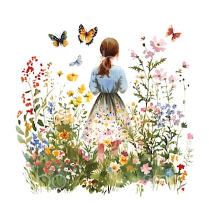 17 Floral Girl Garden Clipart, clipart printemps, aquarelle imprimable, fichiers JPG de haute qualité, téléchargement numérique, créations en papier, journal indésirable S767