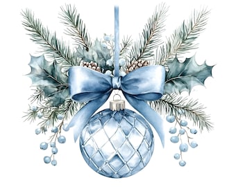 37 Xmas Blue Ornament Clipart, Christmas Card, Xmas Baubles, Printable Watercolor, High Quality JPGs, Digital Download, Paper Craft U284