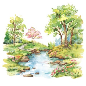 K&ouml;nnte beinhalten: Aquarellgem&auml;lde eines Baches, der durch einen &uuml;ppigen gr&uuml;nen Wald flie&szlig;t. Der Bach ist von Felsen und Wildblumen in Rosa-, Gelb- und Wei&szlig;t&ouml;nen umgeben. Zwei B&auml;ume ragen auf beiden Seiten des Baches empor, ihre Bl&auml;tter sind leuchtend gr&uuml;n.