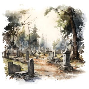 14 imágenes prediseñadas de cementerio abandonado, imágenes prediseñadas de Halloween, arte de acuarela, archivos JPG de alta calidad, descarga digital, diario basura, manualidades de papel S175