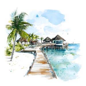 29 Maldives Resort Clipart, Maldives Beach, High Quality JPGs, Printable Watercolor Art, Digital Download, Paper Craft, Junk Journal S794