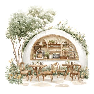 21 aquarelle Cottage Cafe Clipart, Boho fée mignon café, Clipart aquarelle, haute qualité, téléchargement numérique, Paper Craft Junk Journal S532