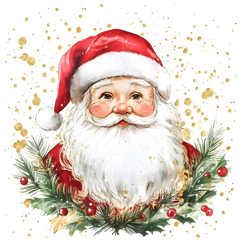 May include: A watercolor painting of Santa Claus with a red hat and white beard. He is smiling and surrounded by green pine branches and red berries.