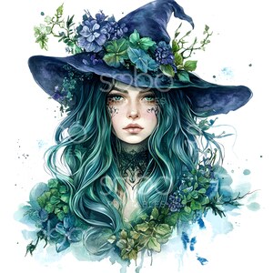 May include: A watercolour painting of a woman with long, teal hair wearing a blue witch's hat decorated with blue and green flowers. The woman has a delicate face with blue eyes and a gentle expression. The background is a watercolour wash of blue and green.