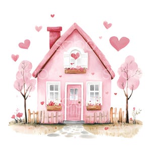 22 Niedliche Rosa Haus Clipart, Herzhäuser, Valentinstag Aquarell Karte, hochwertige JPG, digitaler Download, Papier Handwerk Junk Journal S436