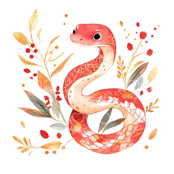 20 Lunar New Year Snake Clipart, Chinese New Year Snake, Printable Watercolor Clipart, High Quality JPGs, Digital download, Paper Craft S448