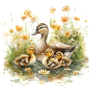 Pode incluir: Uma pintura em aquarela de uma m&atilde;e pato e seus tr&ecirc;s patinhos nadando em um lago cercado por flores amarelas.