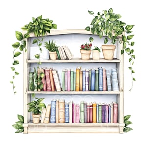 May include: A white wooden bookcase with three shelves filled with colourful books and potted plants. The top shelf has a few books and three potted plants. The middle shelf is filled with books. The bottom shelf is filled with books. The bookcase is decorated with green leafy plants.