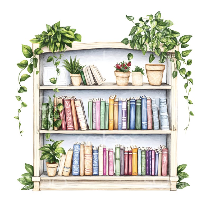 May include: A white wooden bookcase with three shelves filled with colourful books and potted plants. The top shelf has a few books and three potted plants. The middle shelf is filled with books. The bottom shelf is filled with books. The bookcase is decorated with green leafy plants.