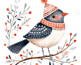 15 Scandinavian Folk Art Bird Clipart, Winter Bird Printable Watercolor Clipart, High Quality JPGs, Digital Download, Wall Art, Crafts S215