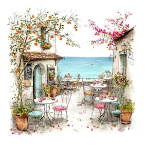May include: A watercolour illustration of a cafe by the sea, featuring tables and chairs. The scene includes a building with a blue door, orange trees, and pink flowers. The ocean is visible in the background.