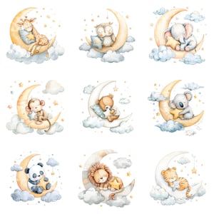 Clipart de 20 animales durmiendo, linda luna de guardería, animales de safari, acuarela imprimible, JPG de alta calidad, descarga digital, manualidades de papel S906